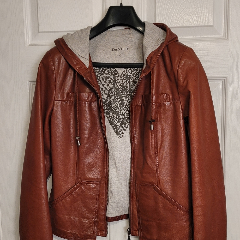 Danier Chestnut Leather Jacket with Hood